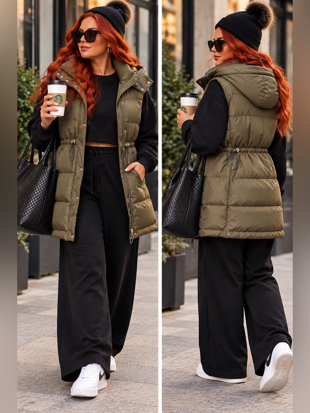 SHEIN CURVE+ Army Green Hooded Drawstring Waist Puffer Vest Coat